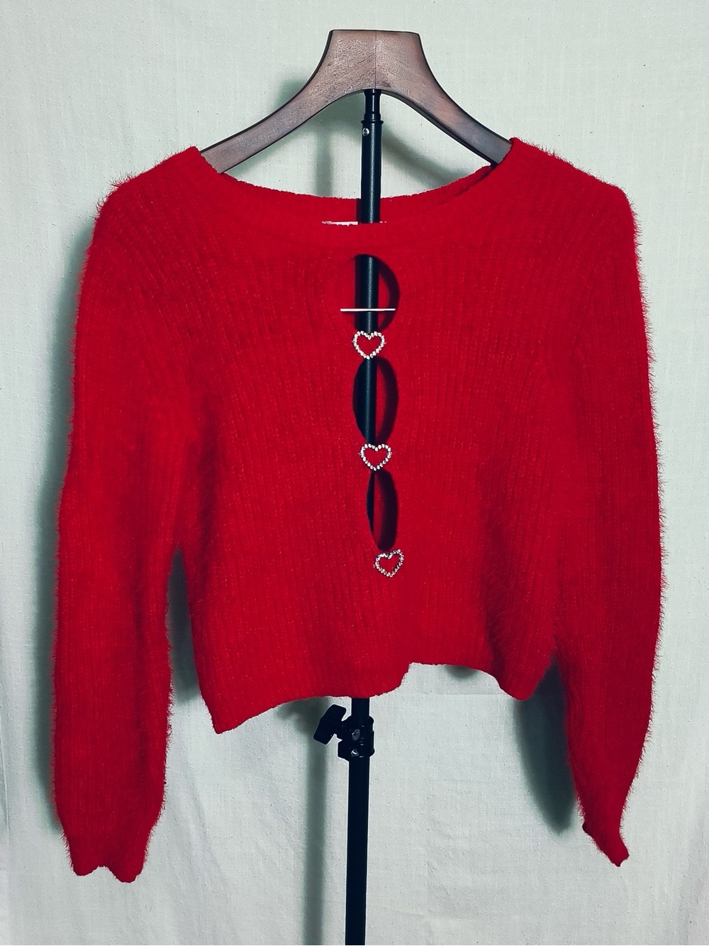 Madden Girl Red Fuzzy Cropped Sweater Heart Cutout Size M